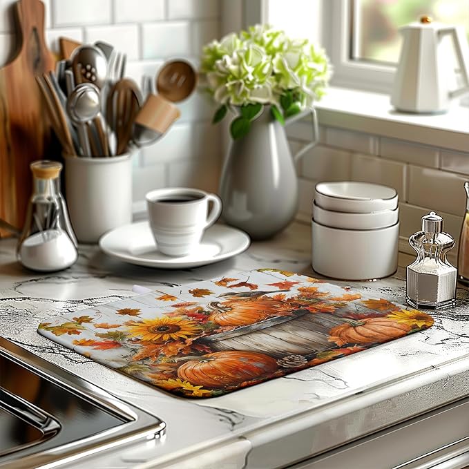 Fall Dish Drying Mat for Kitchen Counter Autumn Thanksgiving Pumpkin Sunflower - Image 6
