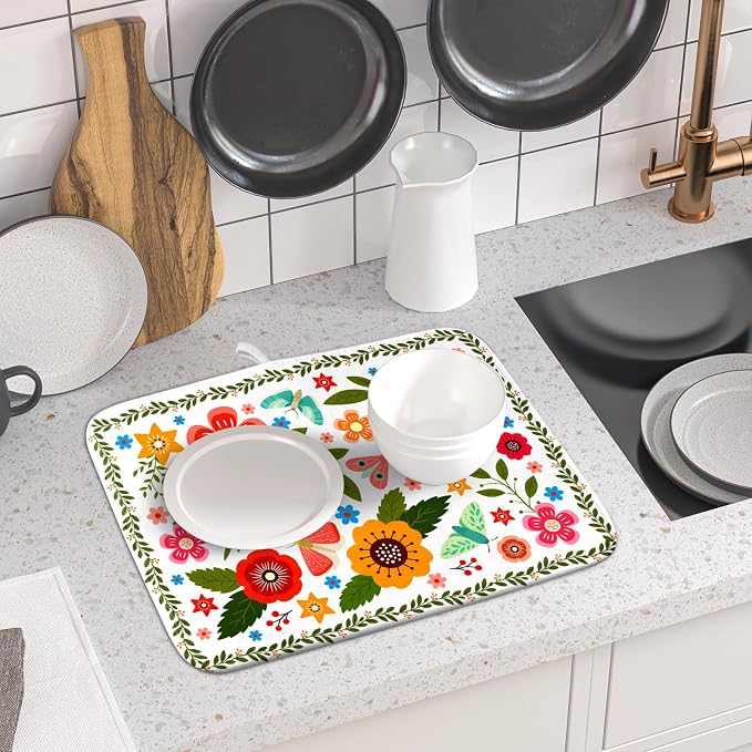 Colorful Boho Floral Dish Drying Mat 16x18 Inch Dishes Dry Pad Drainer Rack - Image 6