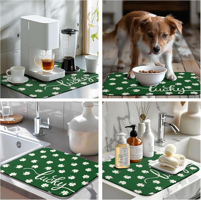 St Patrick Shamrock Drying Mat for Kitchen Counter Green White Lucky Clover - Image 7