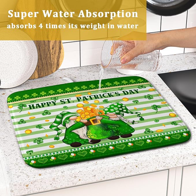 Shamrock Gnome Dish Drying Mat Coin Clover Dishes Fast Dry Mat 16x18 inch - Image 7