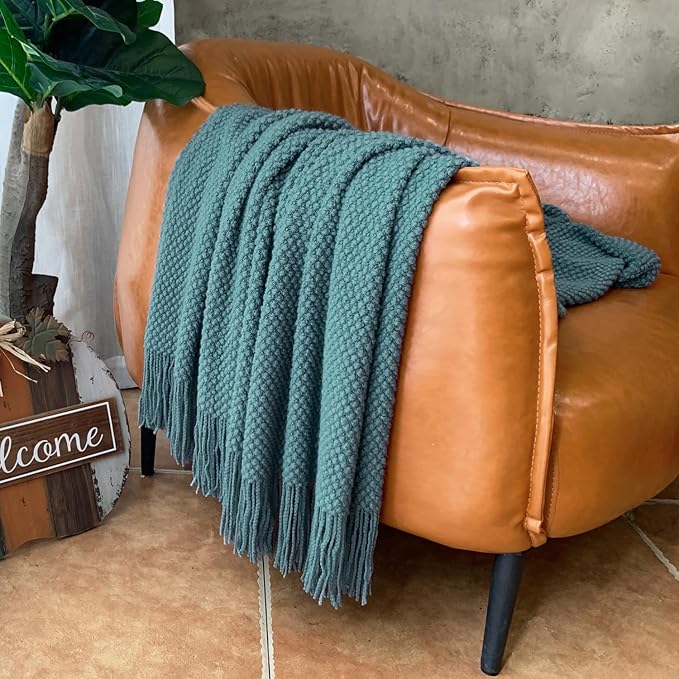 LOMAO Knitted Throw Blanket with Tassels Bubble Textured Lightweight Throws for Couch Cover Home Decor (Teal, 60x80)