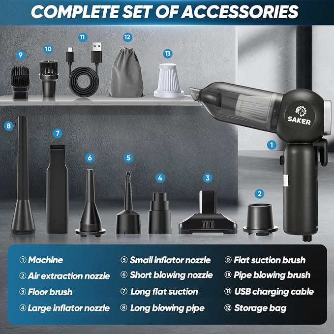Saker Portable Car Vacuum Cordless 20000Pa 6 in 1 Multifunctional Adjustable - Image 8