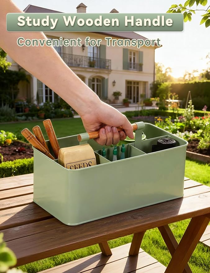 Garden Tool Organizer with Wooden Handle, Metal Garden Caddy with 4 Compartments - Image 3