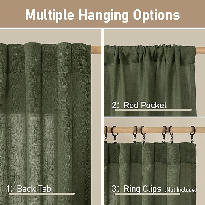 LAMIT Olive Green Linen Kitchen Curtains 24 Inch Length, Semi Sheer Light Filtering Window Panels Back Tab and Rod Pocket Drapes for Basement/Small Windows, 25 x 24 Inch, 2 Panels