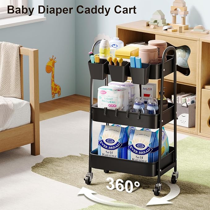 3 Tier Metal Rolling Cart with Lockable Wheels, Diaper Caddy - Image 4