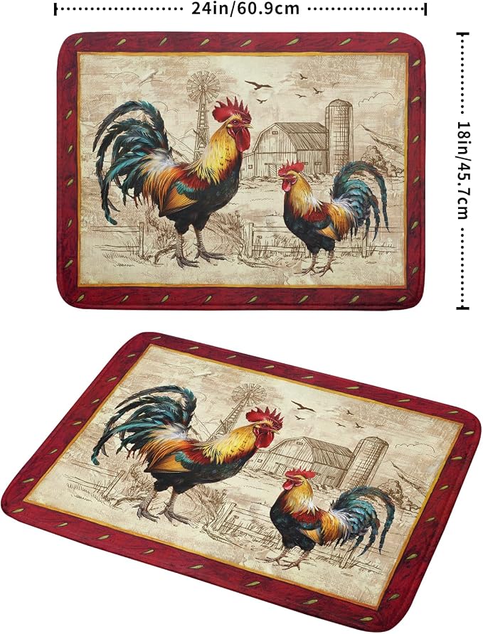 Farm Rooster Dish Drying Mat for Countertop 18x24 Inches Red Rustic Chicken - Image 2