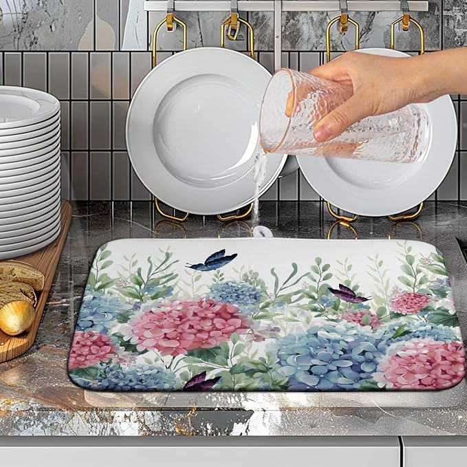 Spring Flowers Dish Drying Mat for Kitchen Counter Blue Pink Hydrangea Floral - Image 5