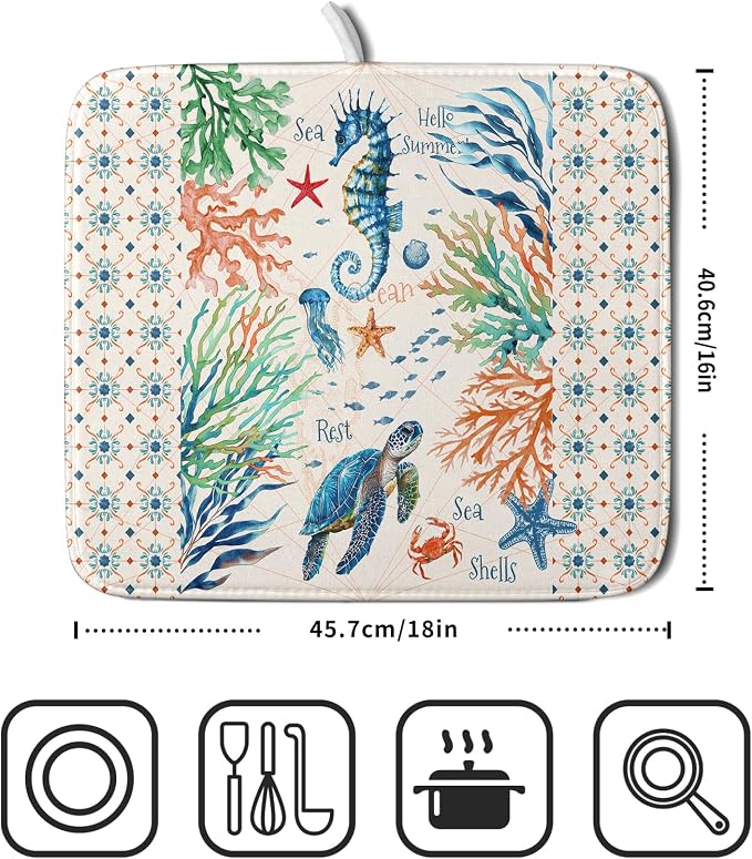 Giwawa Nautical Coastal Dish Drying Mat Sea Turtle Seahorse Dish Drainer Pad - Image 2
