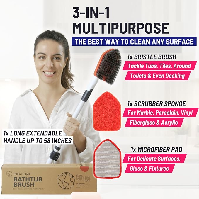 Shower Scrubber 3 in 1 Extendable Long Handle 58" Cleaning Brush - Image 2