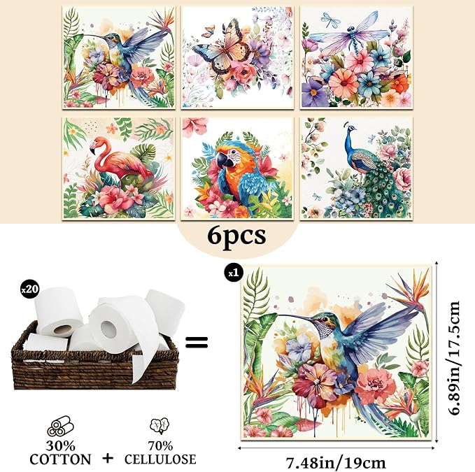 Reusable Swedish Dishcloths for Kitchen, 6 Pack Birds Flowers Butterfly - Image 2