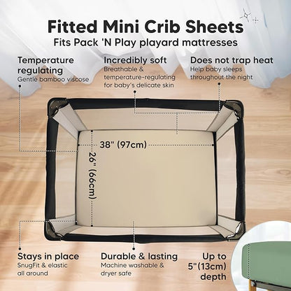 Pack and Play Sheets Fitted - 2-Pack Mini Crib Sheets for Pack N Play Mattress 38x26, Soft & Cozy, Neutral Toddler Playard Bedding, Snug Fitted Mini Baby Crib Mattress Cover Boy, Girl (Hedges)