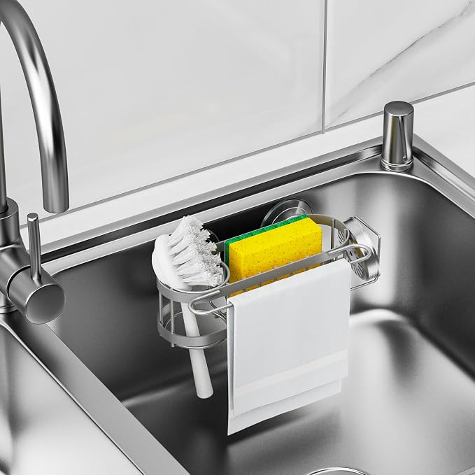 Cisily Grey Kitchen Sink Caddy Sponge Holder in the Sink, Stainless Steel - Image 6