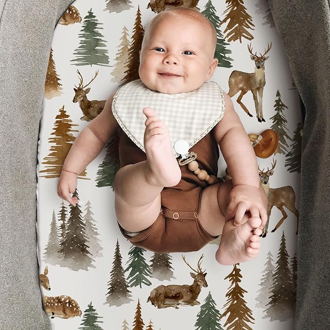 GRSSDER Stretchy Ultra Soft Fitted Bassinet Sheet Set 2 Pack, Universal Fit for Bassinets Baby Cradle Moses Basket Oval Rectangle Mattress, Stylish Jungle Deer Bassinet Sheets for Girls and Boys
