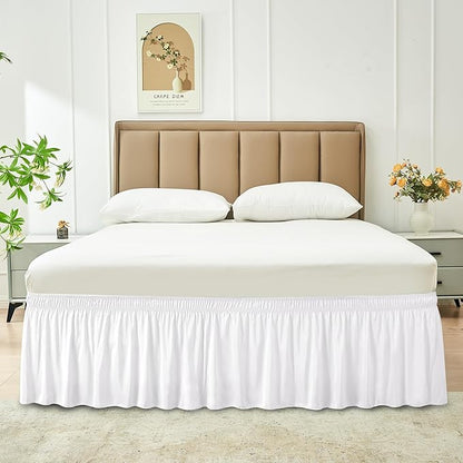 Biscaynebay Wrap Around Bed Skirts for Twin & Twin XL Beds with Extra Long Drop of 21", White Adjustable Elastic Dust Ruffles Easy Fit Wrinkle Resistant Silky Luxurious Fabric Machine Washable