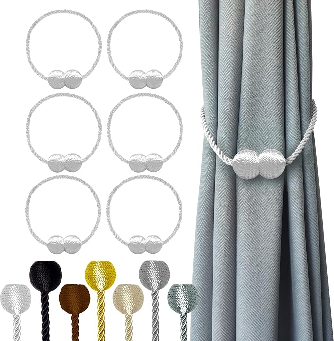 Hion Magnetic Curtain Tiebacks White 6 Pack, Curtain Tiebacks Buckles Holdbacks by Hion