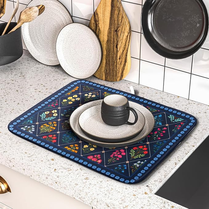 Lapis Blue Dish Drying Mat for Kitchen Counter Flowers Microfiber Absorbent - Image 5
