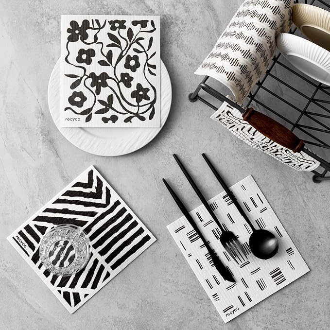 RECYCO Swedish Dishcloths for Kitchen | 5 Pack Black & White Geo Washable Dish - Image 2