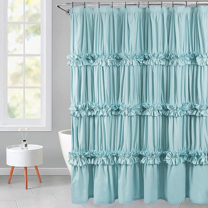 Spa Blue Ruffle Shower Curtain, Vintage Handcrafted Bow Tie Bath Curtain by Homechoice+Decor