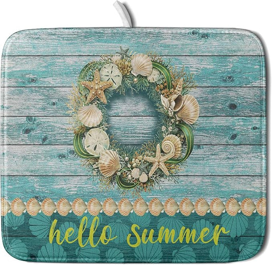 Hello Summer Dish Drying Mat for Kitchen Counter, Sea Shell Starfish Coastal by Anyako
