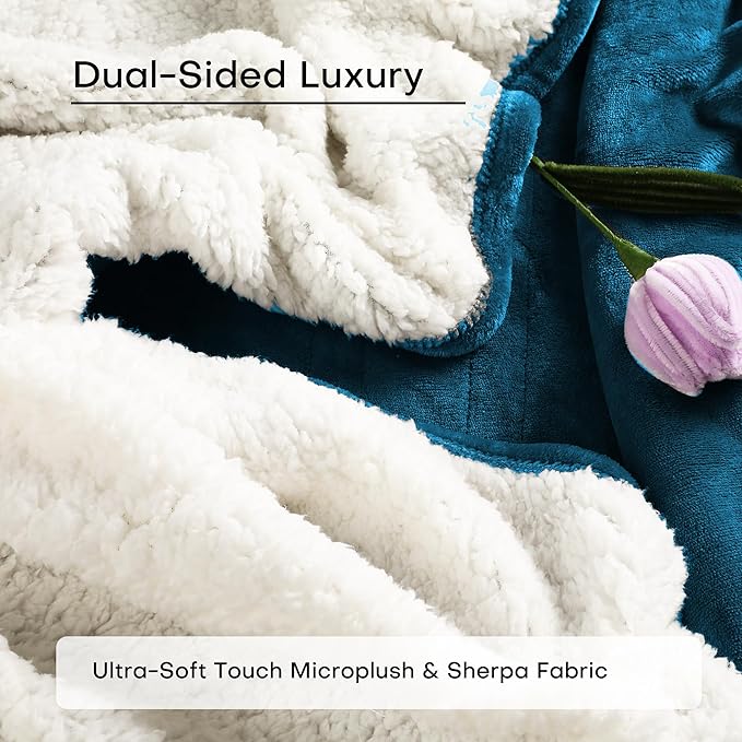 Electric Blanket Twin Size 62" x 84" Thickened Flannel and Sherpa Heated Blanket,10 Hours Timer Auto-Off,5 Heating Levels, Machine Washable, Lake Blue&White