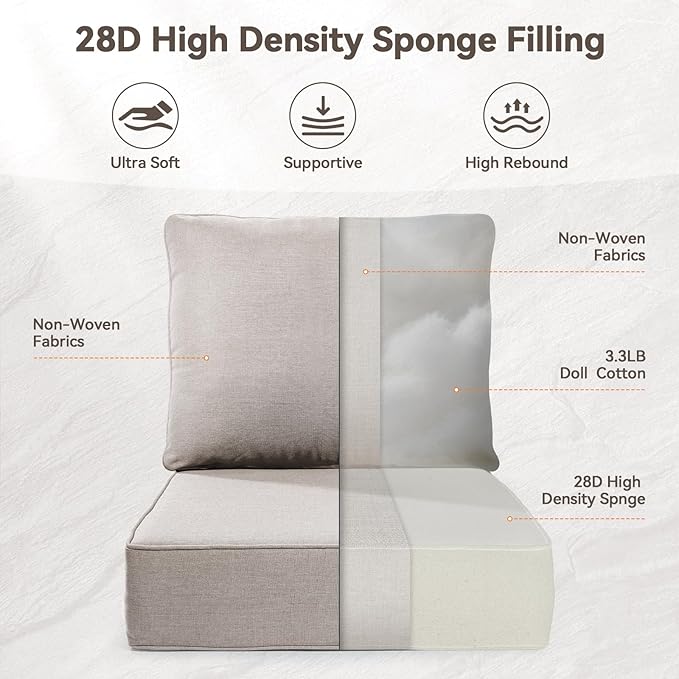 Luxury 6" Outdoor Cushions for Patio Furniture, 24x24x6" Thick Seat Cushion Set of 3, Fade Resistant Couch Chair Replacement Cushions High Density Deep Wicker Chair Cushion w/ Removable Cover, Beige