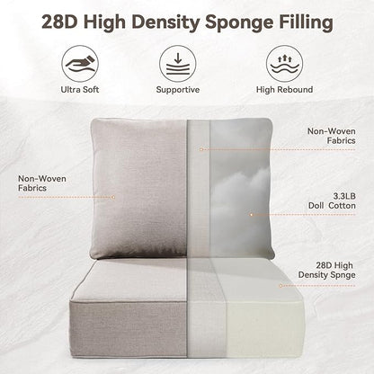 Luxury 6" Outdoor Cushions for Patio Furniture, 24x24x6" Thick Seat Cushion Set of 3, Fade Resistant Couch Chair Replacement Cushions High Density Deep Wicker Chair Cushion w/ Removable Cover, Beige