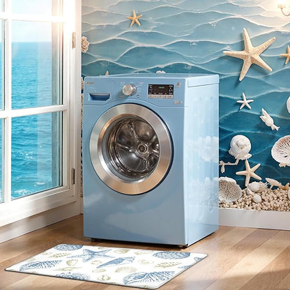 Kitchen Mats for Floor Cushioned Anti Fatigue Sets of 2 Beach Theme Kitchen Rugs Non Slip Waterproof Coastal Foam Kitchen Floor Rug Nautical Seashell Comfort Standing Mat for Sink Laundry, Blue