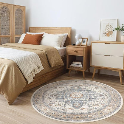 Round Rug Living Room Rugs: 5Ft Washable Boho Neutral Large Circle Soft Indoor Distressed Stain Resistant Floor Farmhouse Carpet for Bedroom Nursery Kids Playroom Office Dining Room Dorm- Beige Blue