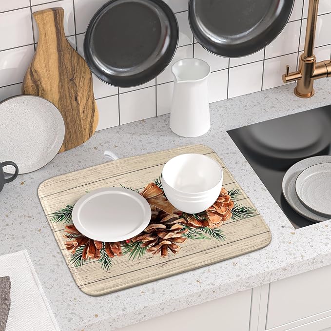 Winter Pine Cone Dish Drying Mat Holly Berries Dish Draining Mat Microfiber - Image 6