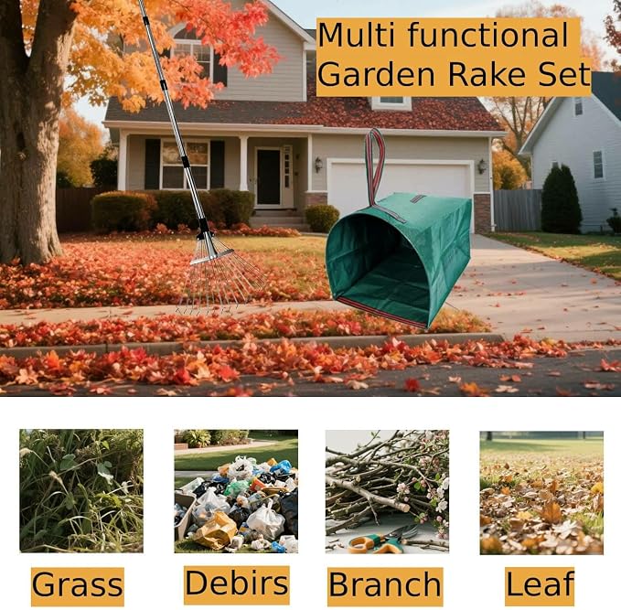 Leaf Rake for Lawns with 53 Gallon Dustpan-Type Leaf Bags, Heavy Duty Metal - Image 5