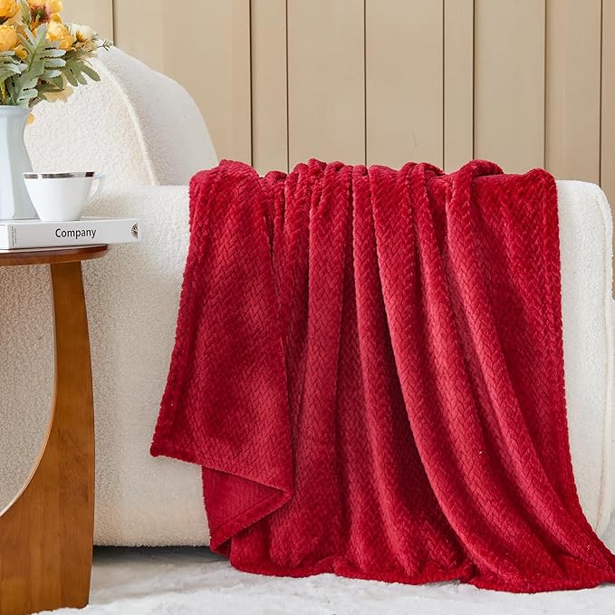 NEWCOSPLAY Super Soft Throw Blanket Red Premium Silky Flannel Fleece Leaves Pattern Lightweight Bed Blanket All Season Use (Red, Throw(50"x60"))