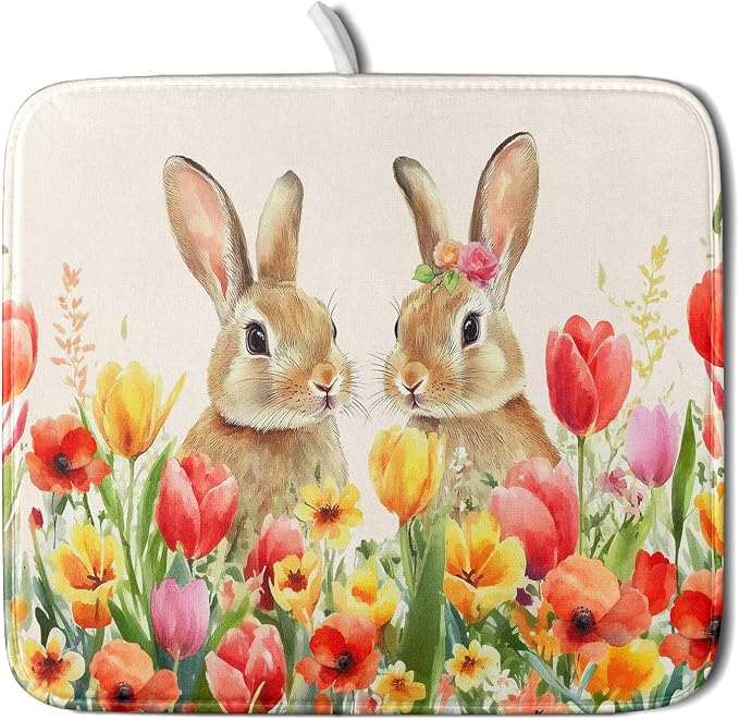 Easter Bunny Dish Drying Mat 16x18 inch Spring Floral Drying Pad Holiday by Giwawa