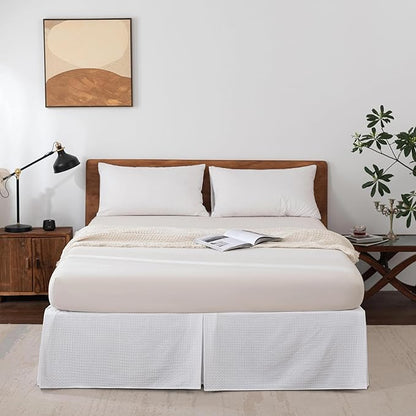 Twin Bed Skirt, Wrap Around Bed Skirt with Pleated Corner, 18 Inch Drop Pleated Waffle Weave Bedskirts, Anti-Slip, Microfiber, White, 18'' Twin