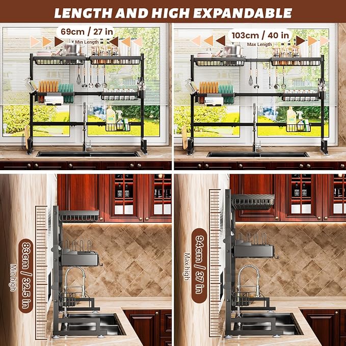Over The Sink Dish Drying Rack 27-40L x 12W x 32.5-37H Snap-On Design 2 Tier - Image 4