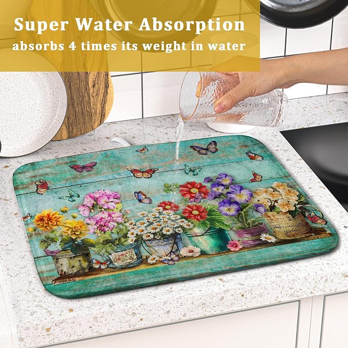 Flower Dish Drying Mat for Kitchen Counter 16x18 Inch Rustic Vintage Microfiber - Image 7