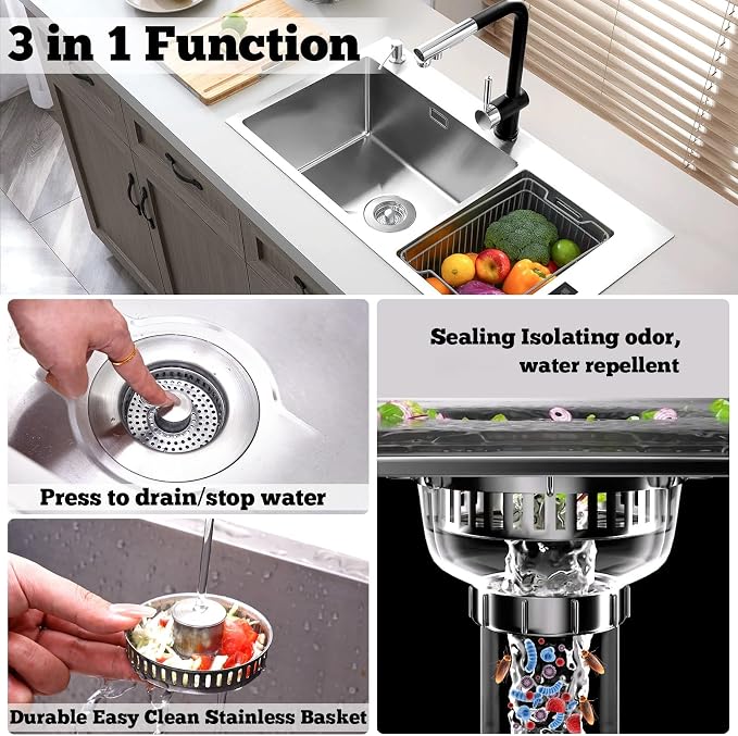 Upgraded 3 in 1 Kitchen Sink Drain Strainer Stopper, Brushed Stainless Steel - Image 2