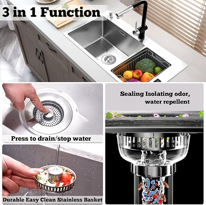 Upgraded 3 in 1 Kitchen Sink Drain Strainer Stopper, Brushed Stainless Steel - Image 2