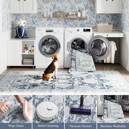 jinchan Fiora Runner Rug 2x6 Washable Hallway Runner - Vintage Floral Non Slip Low-Pile Soft Thin Kitchen Rug Distressed Carpet for Farmhouse Bedroom Entryway Laundry Room(2x6ft, Dark Blue)