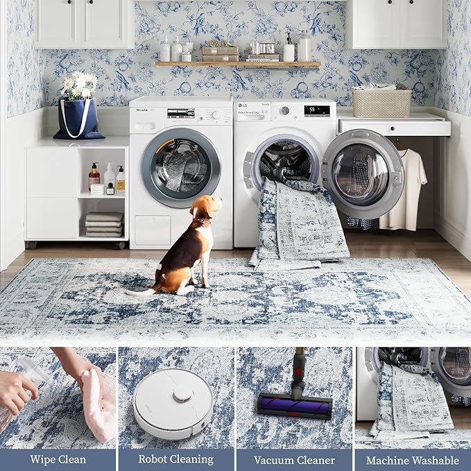 jinchan Fiora Hallway Runner Rug 3x10 Washable Runner - Vintage Floral Non Slip Low-Pile Soft Thin Faux Wool Kitchen Rug Distressed Carpet for Farmhouse Bedroom Laundry Room(3x10ft,Dark Blue)