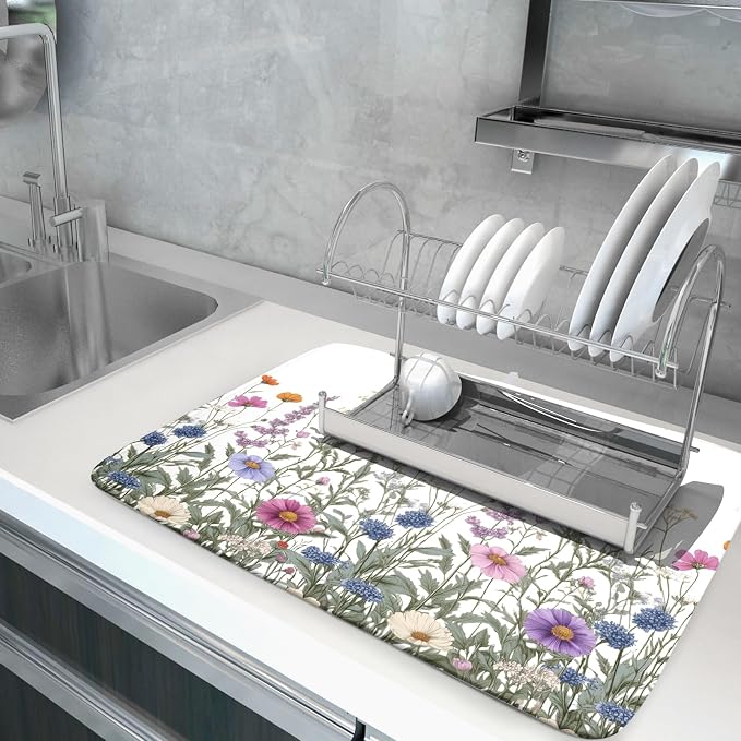 Giwawa Flower Herbs Dish Drying Mat Botanical Plant Dishes Drainer Mat 18x24 - Image 5