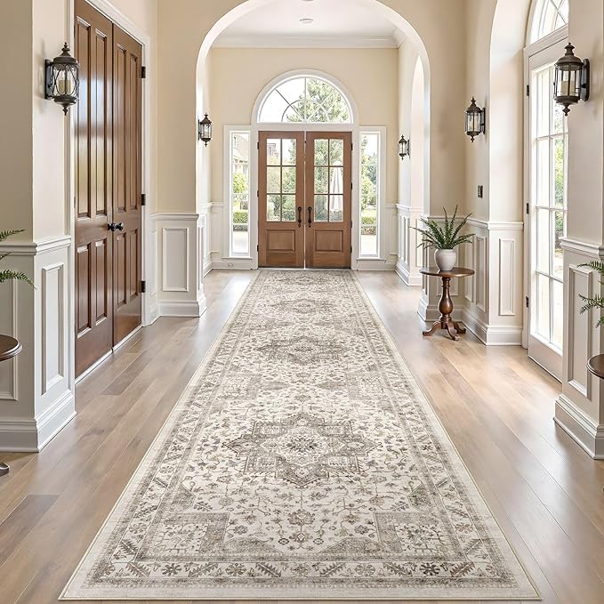 Vintage Hallway Runner Rug 3x14: Large Soft Washable Entryway for Kitchen Laundry Room Non-Slip Backing Runner for Entrance Living Room Bedroom Bathroom - Light Brown