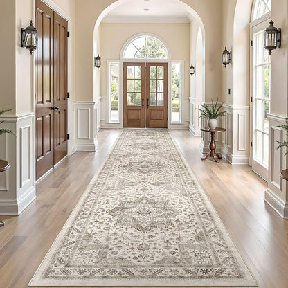 Vintage Hallway Runner Rug 3x14: Large Soft Washable Entryway for Kitchen Laundry Room Non-Slip Backing Runner for Entrance Living Room Bedroom Bathroom - Light Brown
