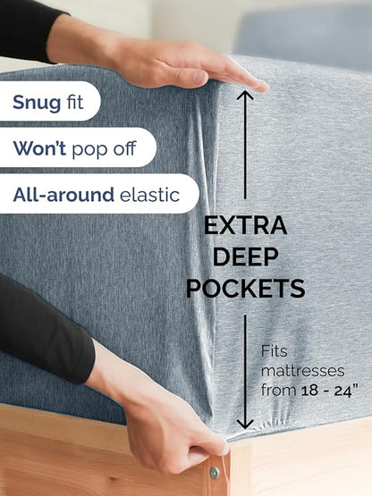 Extra Deep Queen Fitted Sheet - Hotel Luxury Single Fitted Sheet Only - Easily Fits 18 inch to 24 inch Mattress - Ultra Soft, Wrinkle Free w/Extra Deep Pockets - Breathable & Comfy - Heathered Blue