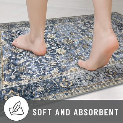 KUTA Vintage Area Rug 4x6 Washable Rug Blue Grey Beige Traditional Floor Cover Foldable Ultra Thin Soft Retro Accent Indoor Distressed Non Slip Carpet Floral Print Mat Bedroom Living Room Dorm Office