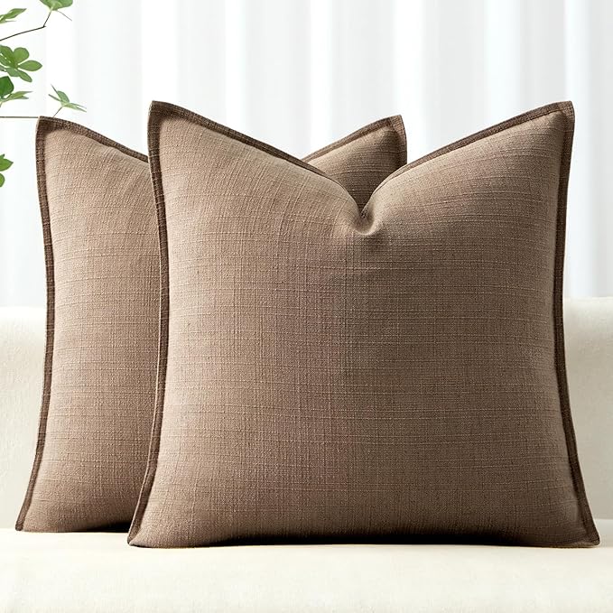 MIULEE Brown Decorative Pillow Covers 18x18, 2 Pack Boho Farmhouse Neutral Throw Pillows for Couch, Thick Textured Modern Linen Cushion Cases Sofa Bed Living Room Home Decor