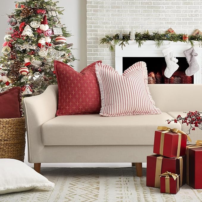 ZWJD Throw Christmas Pillow Covers 26x26 Set of 2 Striped Pillow Covers with Fringe Chic Cotton Decorative Pillows Square Cushion Covers for Sofa Couch Bed Living Room Farmhouse Decor