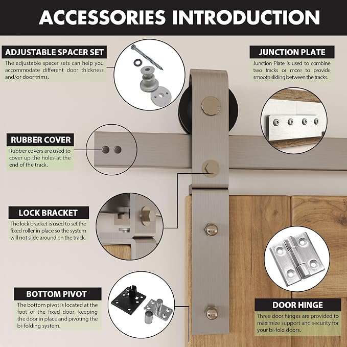 Homacer 60in Brushed Nickel Bi-Folding Sliding Barn Door Hardware Kit - Image 4