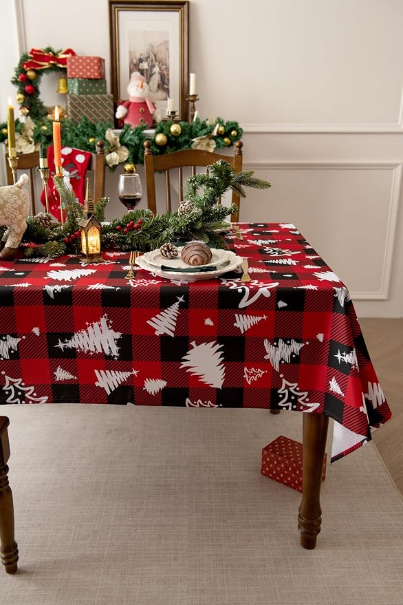 Red Gingham Plaid Christmas Tree Tablecloth - Image 3