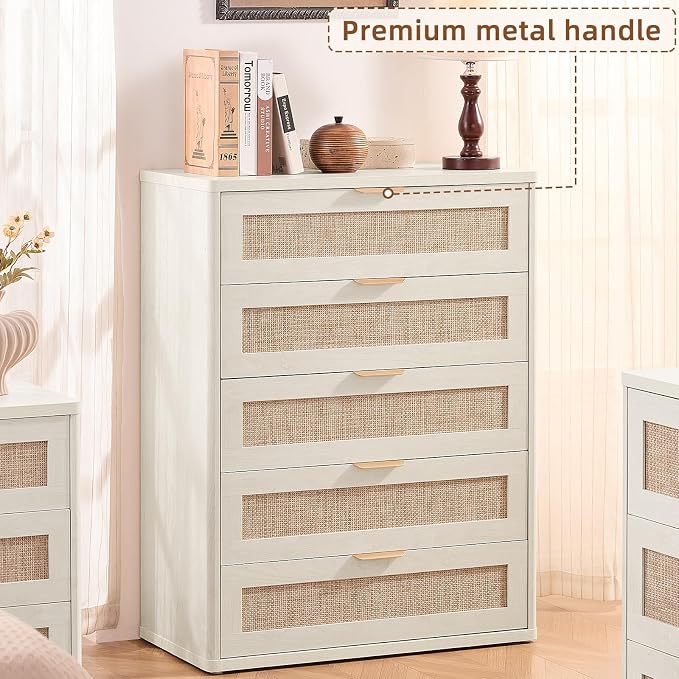 LEYAOYAO White Dresser for Bedroom, Modern 5 Drawers Boho Rattan Dressers - Image 6