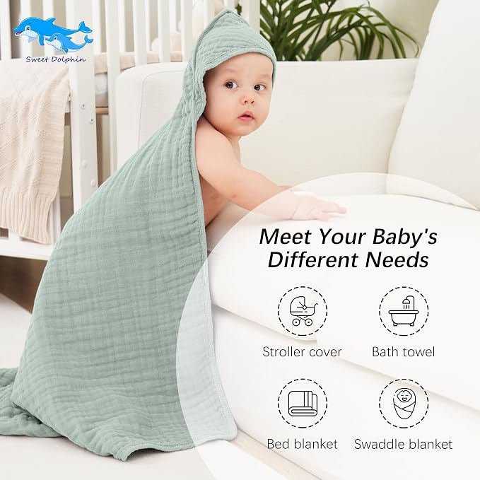 SWEET DOLPHIN Muslin Hooded Baby Bath Towels - Image 5